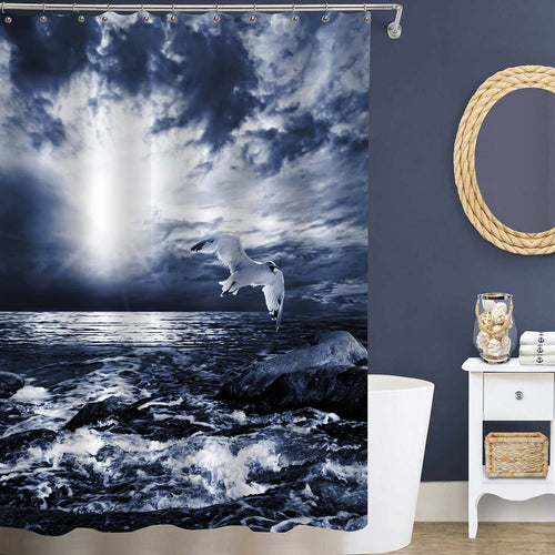 Ocean Sunset Landscape with Flying Seagull Shower Curtain - Dark Blue