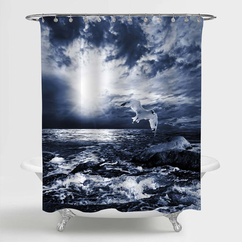 Ocean Sunset Landscape with Flying Seagull Shower Curtain - Dark Blue