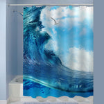 Breaking Surfing Ocean Wave with Cloudy Sky Seagull Shower Curtain - Blue