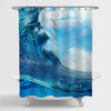 Breaking Surfing Ocean Wave with Cloudy Sky Seagull Shower Curtain - Blue