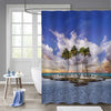 Tropical Beach Landscape with Palm Tree at Sunset Shower Curtain - Blue