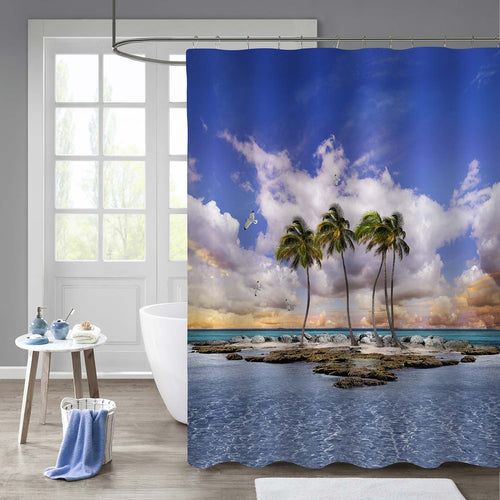 Tropical Beach Landscape with Palm Tree at Sunset Shower Curtain - Blue