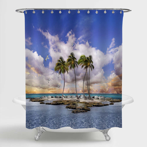 Tropical Beach Landscape with Palm Tree at Sunset Shower Curtain - Blue