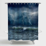 Sparkling Lightnings in Heavy Dark Sky Clouds Over Big Ocean Waves Shower Curtain - Dark Blue