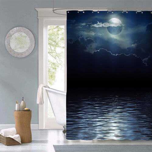 Night Sky with Blue Super Moon in Clouds Shower Curtain - Dark Blue