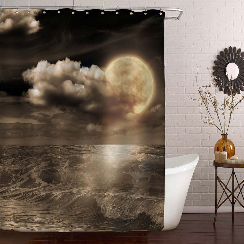 Mysterious Moon with Nightly Clouds Over Ocean Waves Shower Curtain - Grey Gold