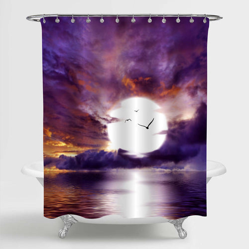 Beautiful Sky with Cloud and Bright Full Moon Over Ocean Shower Curtain - Purple