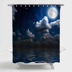 Midnight Full Moon on a Starry Sky Reflected in the Sea Shower Curtain - Dark Blue