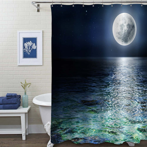 Big Moon and Stars Over the Ocean Shower Curtain - Dark Blue