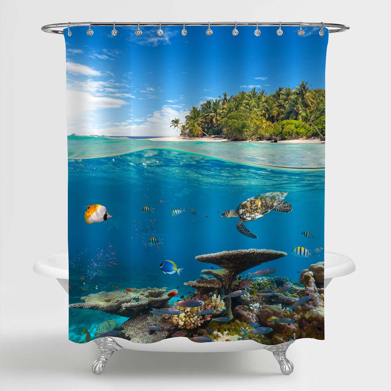 Underwater Coral Reef with Tropical Island Shower Curtain - Blue