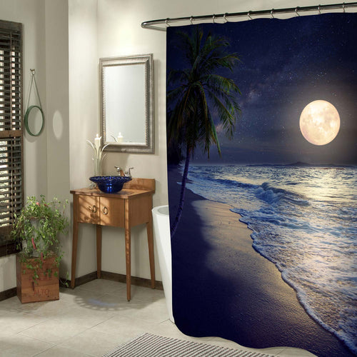Tropical Beach with Milky Way Star Full Moon in Night Sky Shower Curtain - Dark Blue
