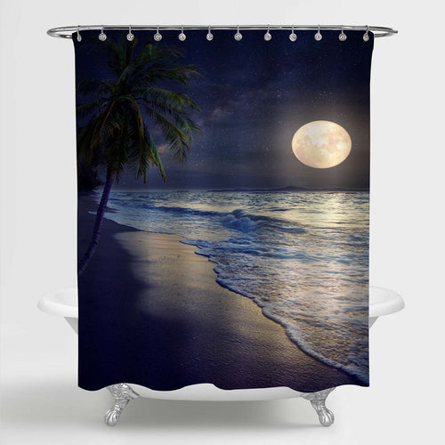 Tropical Beach with Milky Way Star Full Moon in Night Sky Shower Curtain - Dark Blue