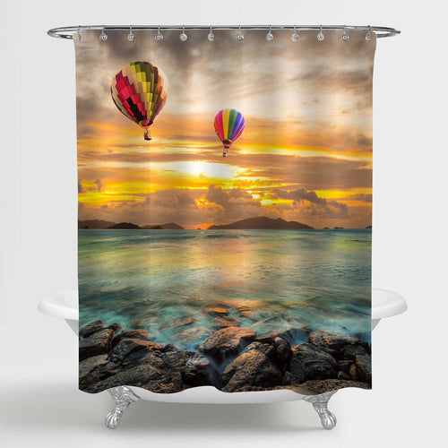 Hot Air Balloon Flying into Sunset Over Sea with Dramatic Sky Shower Curtain - Multicolor