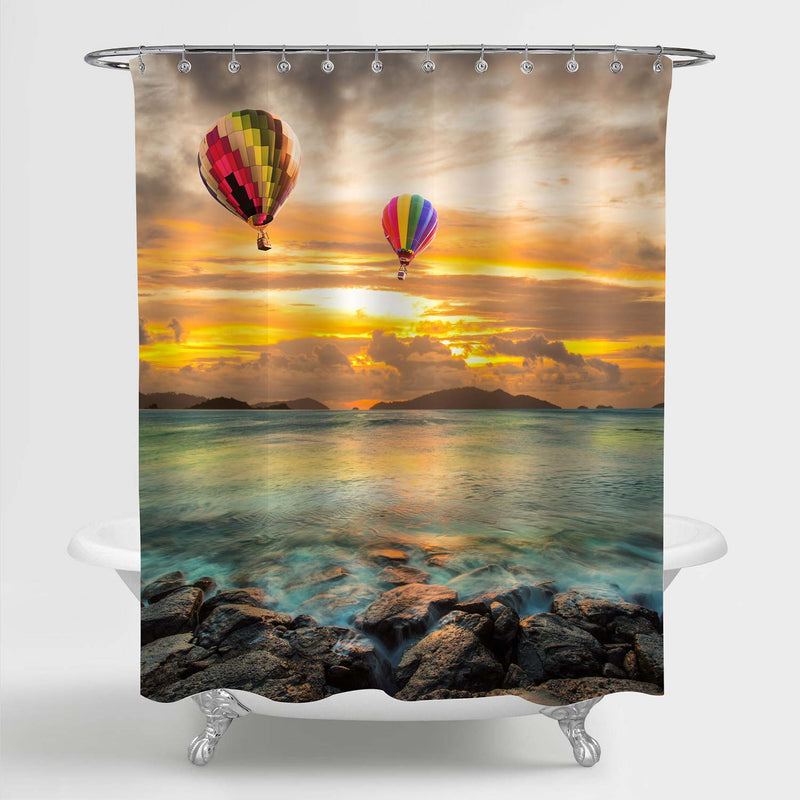 Hot Air Balloon Flying into Sunset Over Sea with Dramatic Sky Shower Curtain - Multicolor
