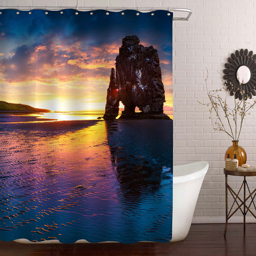 Huge Basalt Stack Hvitserkur on the Eastern Shore of Vatnsnes Peninsula Shower Curtain - Blue Gold