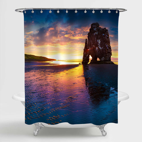 Huge Basalt Stack Hvitserkur on the Eastern Shore of Vatnsnes Peninsula Shower Curtain - Blue Gold