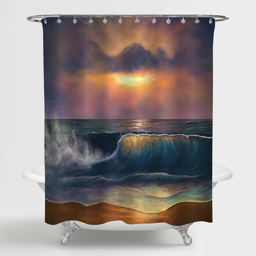 Ocean Waves During a Colorful Sunrise Shower Curtain - Gold Blue