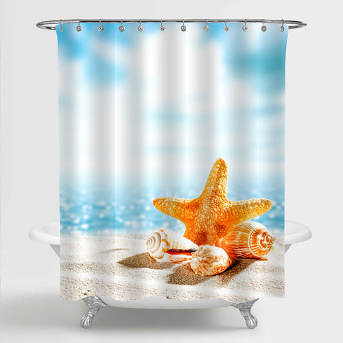 Starfish and Sea Shells on Summer Beach Sand Shower Curtain - Blue Sand