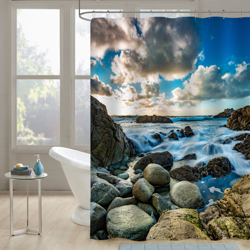 Ocean Amongst Rocks on the Beach Shower Curtain - Blue Brown