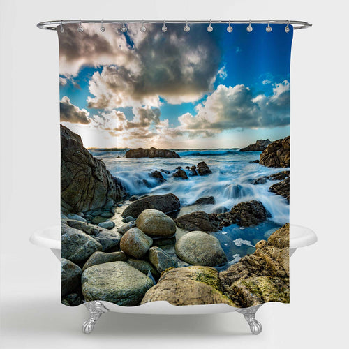 Ocean Amongst Rocks on the Beach Shower Curtain - Blue Brown