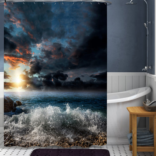 Dramatic Cloudy Sky Over Sea in an Evening Sunshine Shower Curtain - Dark Blue