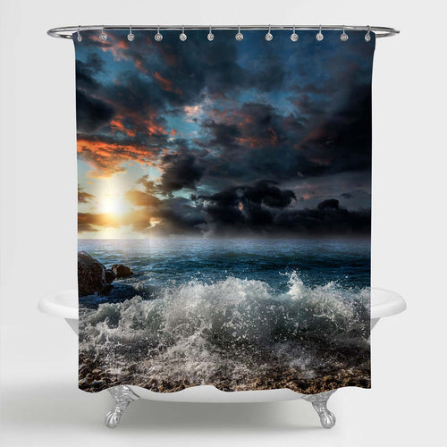 Dramatic Cloudy Sky Over Sea in an Evening Sunshine Shower Curtain - Dark Blue