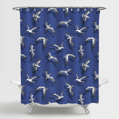 Cormorants and Seagulls Hovering Over the Sea Shower Curtain - Blue