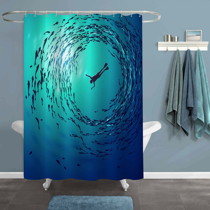 Diver is Surrounded Shoals of Fish Underwater Shower Curtain - Blue