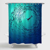 Diver is Surrounded Shoals of Fish Underwater Shower Curtain - Blue