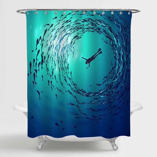 Diver is Surrounded Shoals of Fish Underwater Shower Curtain - Blue