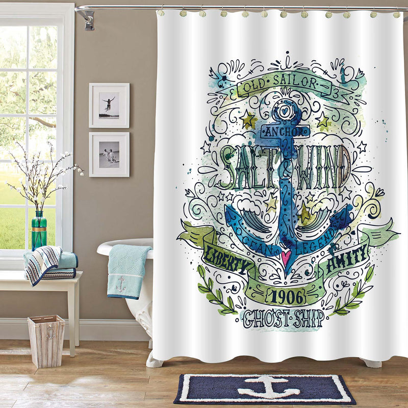 Vintage Watercolor Grunge Nautical Label with an Anchor and Letters Shower Curtain - Blue Green