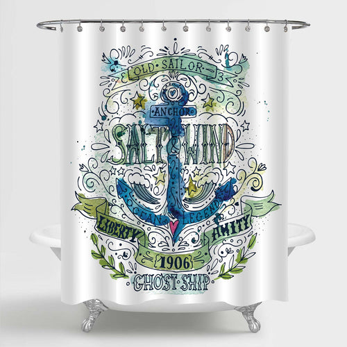 Vintage Watercolor Grunge Nautical Label with an Anchor and Letters Shower Curtain - Blue Green