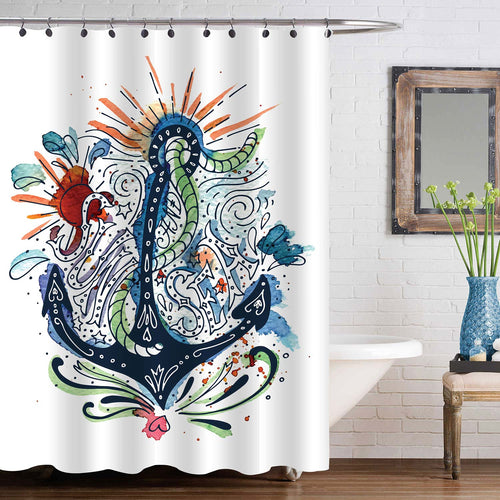 Hand Drawn Watercolor Nautical Label with a Anchor and Rope Shower Curtain - Dark Blue Green