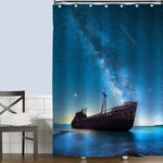 Lonely Ship Wreck Under Starry Night in Front of Milky Way Shower Curtain - Blue