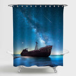Lonely Ship Wreck Under Starry Night in Front of Milky Way Shower Curtain - Blue