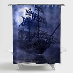 Flying Dutchman on Ocean Wave in a Foggy Moonlit Night Shower Curtain - Dark Blue