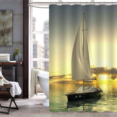 Sailing Yacht at Sunset in the Open Sea Shower Curtain - Gold