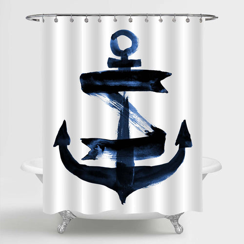 Watercolor Bold Brushstroke Nautical Anchor Shower Curtain - Navy Blue