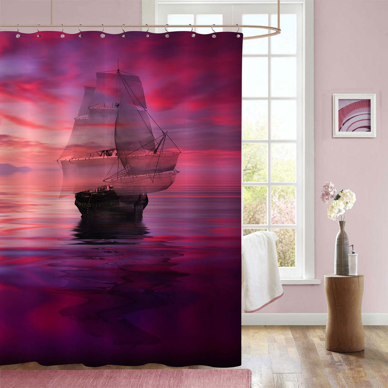 Ancient Sailboat Against a Beautiful Seascape Shower Curtain - Purple Pink