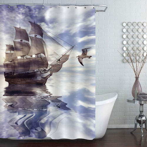 Ancient Sailboat in the Ocean with a Flying Seagull Shower Curtain - Light Blue