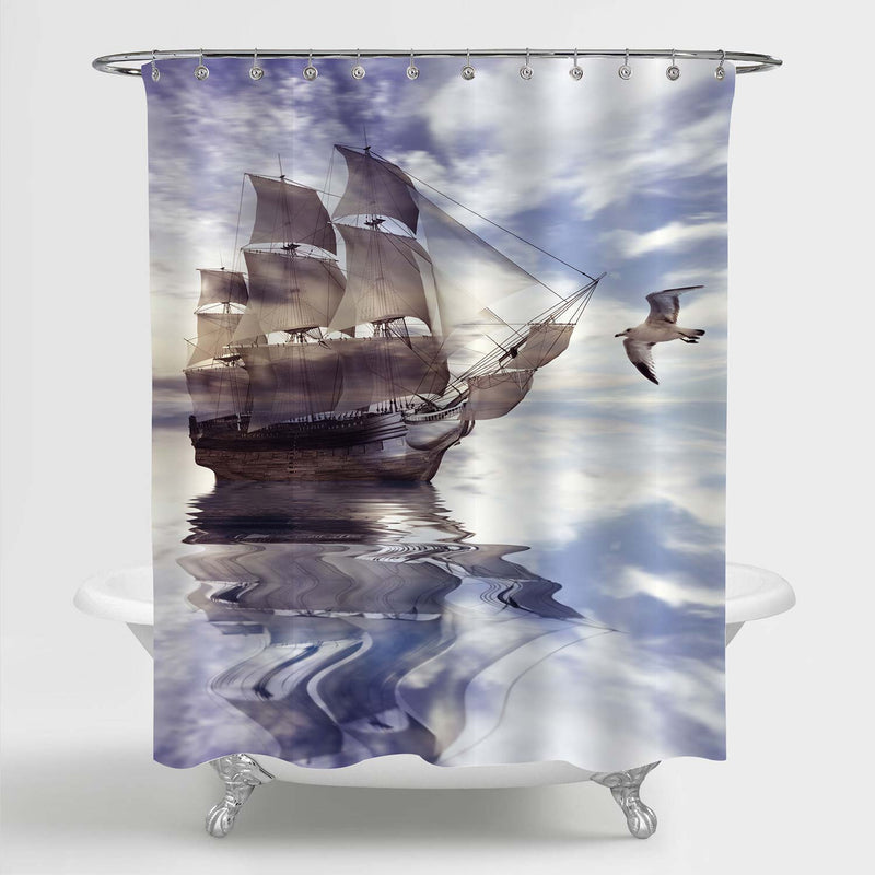 Ancient Sailboat in the Ocean with a Flying Seagull Shower Curtain - Light Blue