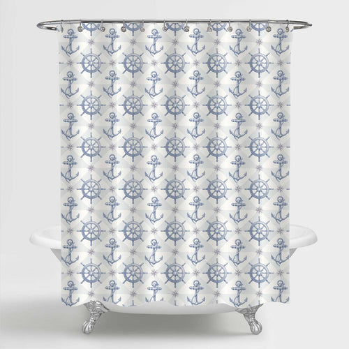 Ship Steering Wheel and Anchor Shower Curtain - Light Blue