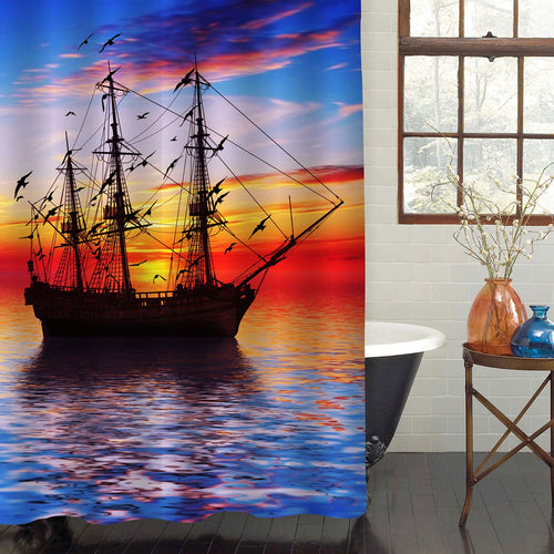 Shiny Sea and Ancient Sailboat Over Dramatic Sky and Sun During Sunset Shower Curtain - Blue Red