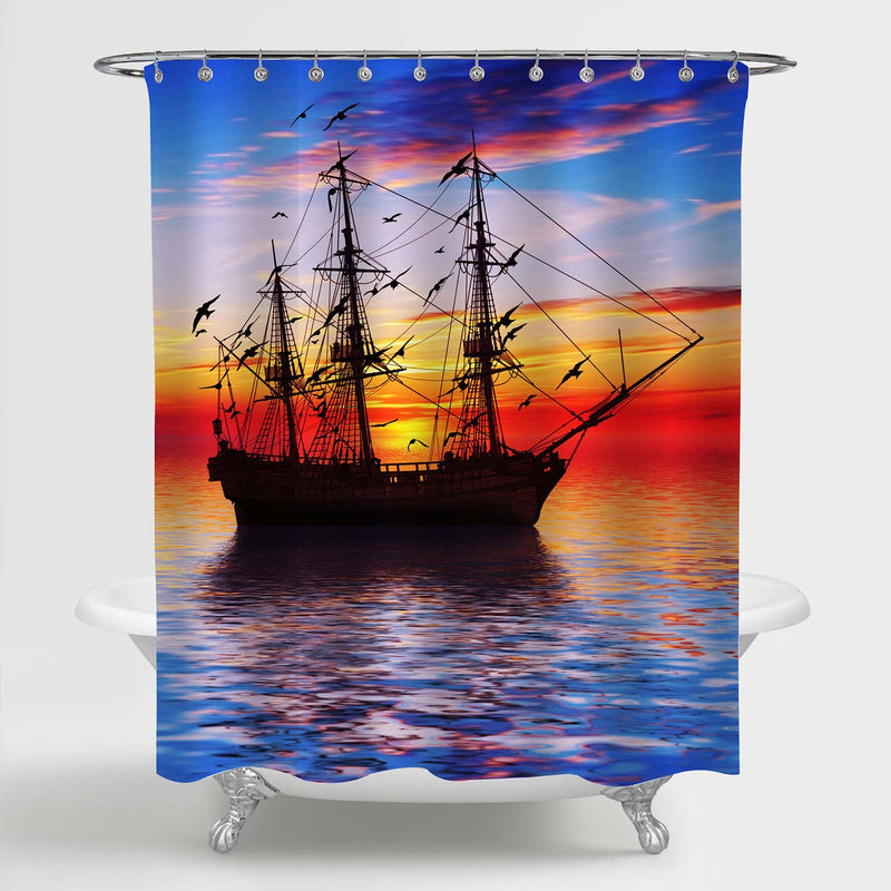 Shiny Sea and Ancient Sailboat Over Dramatic Sky and Sun During Sunset Shower Curtain - Blue Red