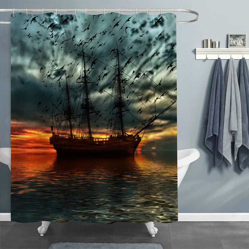 Ancient Sailboat Against Background of Sea Sunset and Flying Seagulls Shower Curtain - Dark Grey Red