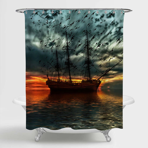 Ancient Sailboat Against Background of Sea Sunset and Flying Seagulls Shower Curtain - Dark Grey Red