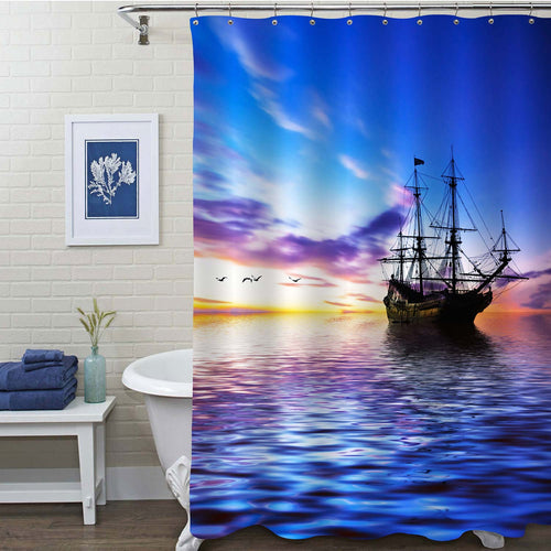 Ancient Sailboat Sails Past the Setting Sun at Sunset on Pacific Ocean Shower Curtain - Blue Gold