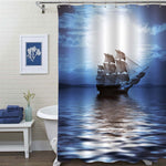 Lonely Sailboat Floaing on the Ocean Under Moonlight in Magic Evening Shower Curtain - Blue