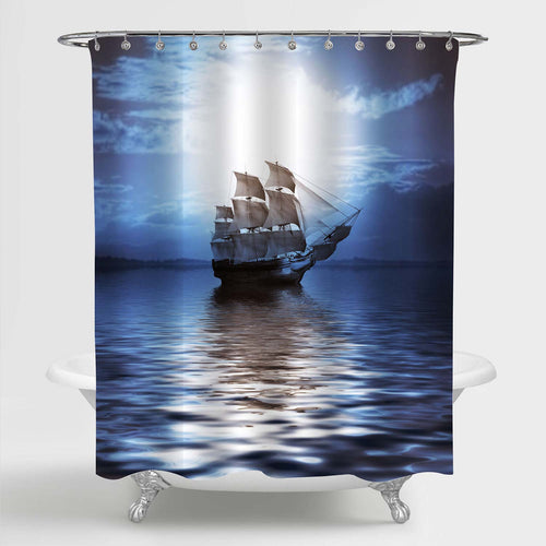 Lonely Sailboat Floaing on the Ocean Under Moonlight in Magic Evening Shower Curtain - Blue