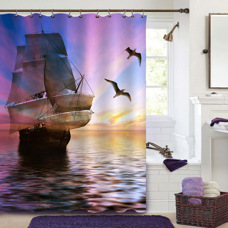 Old Merchant Sail Ship Going Back with Seagull Flying Around by Colorful Sunset Shower Curtain - Purple